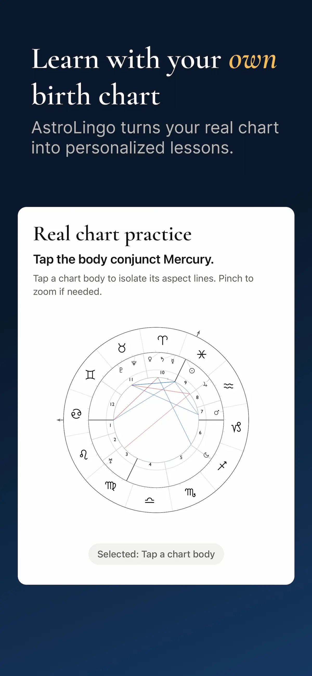 AstroLingo course path screen for the Your Birth Chart course.