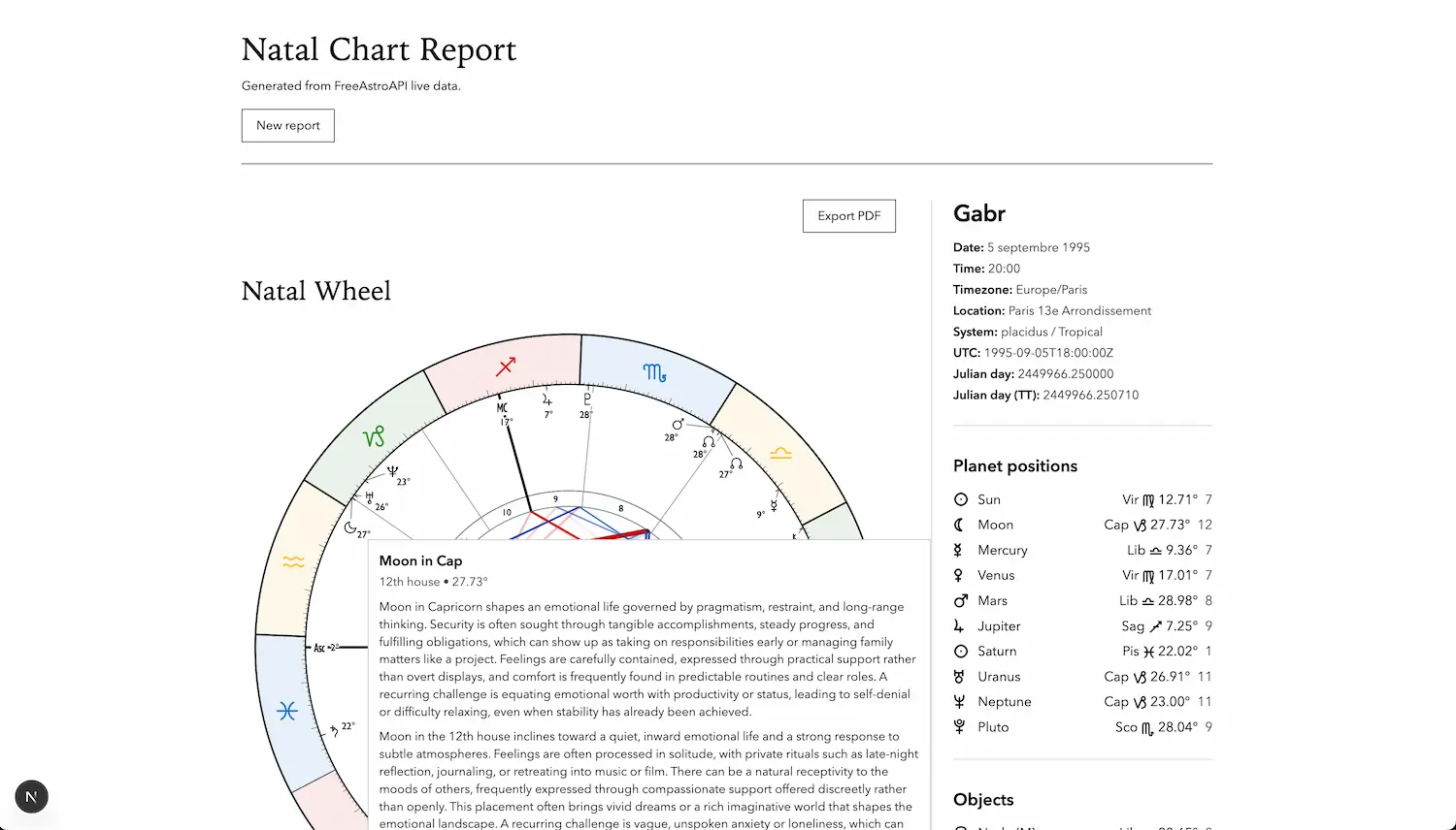 Предварительный просмотр приложения Open Chart с использованием конечных точек диаграммы FreeAstroAPI