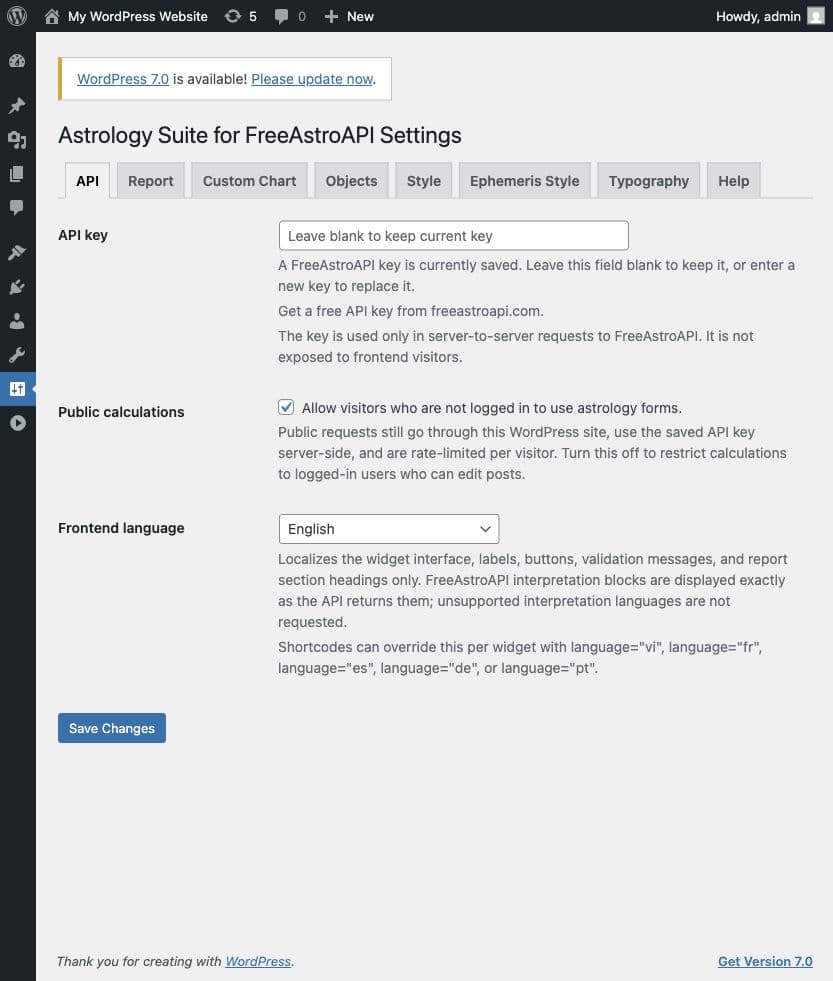 Astrology Suite API settings in WordPress