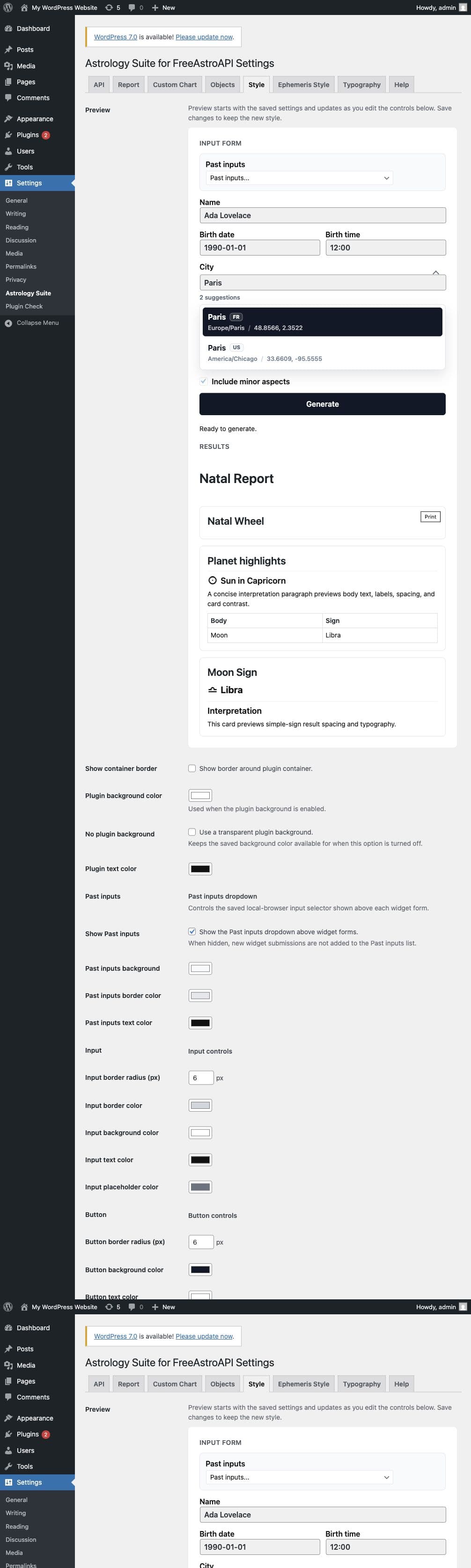 Style settings for forms, buttons, cards, and modal colors