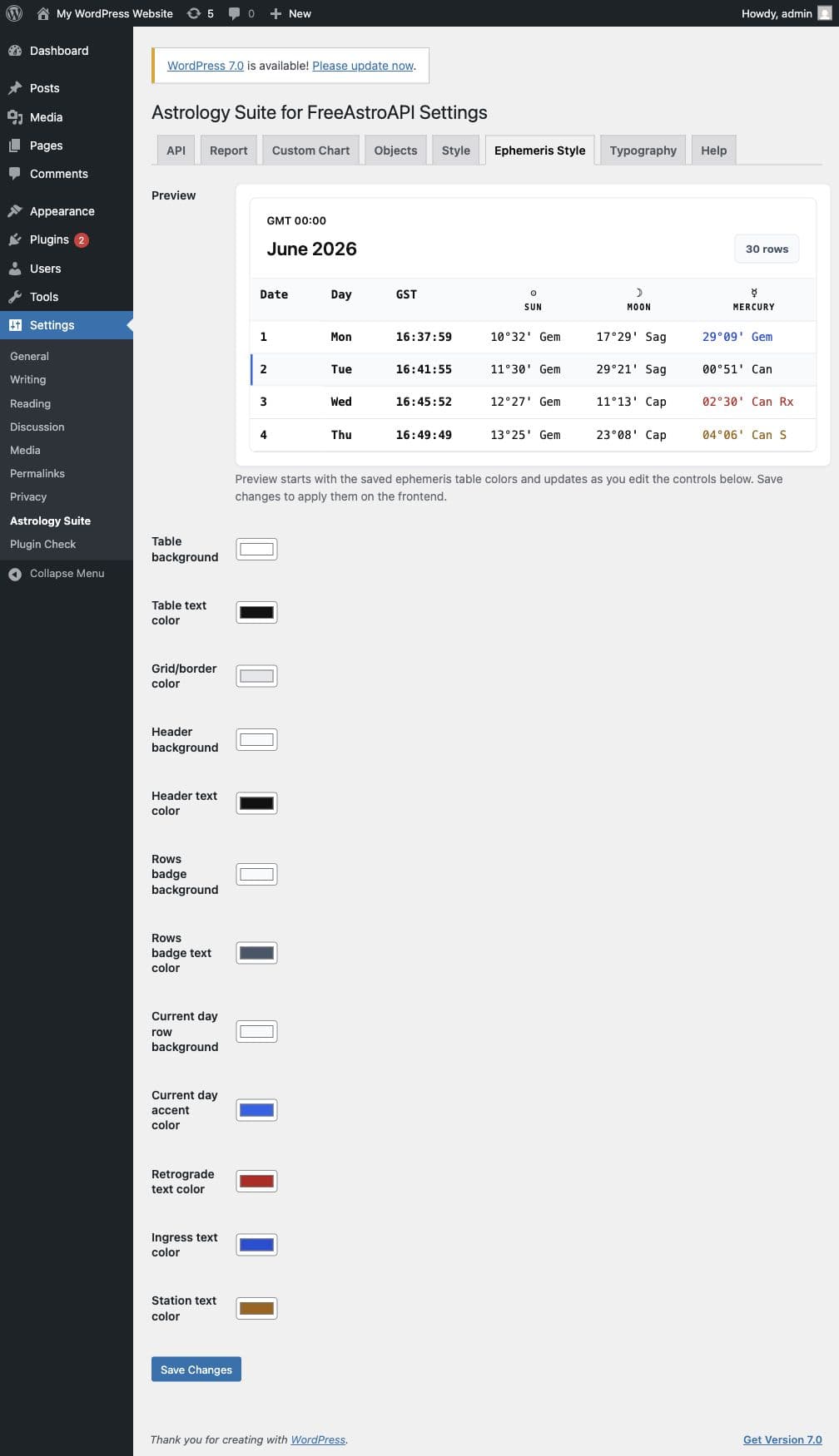 Ephemeris style settings for table colors