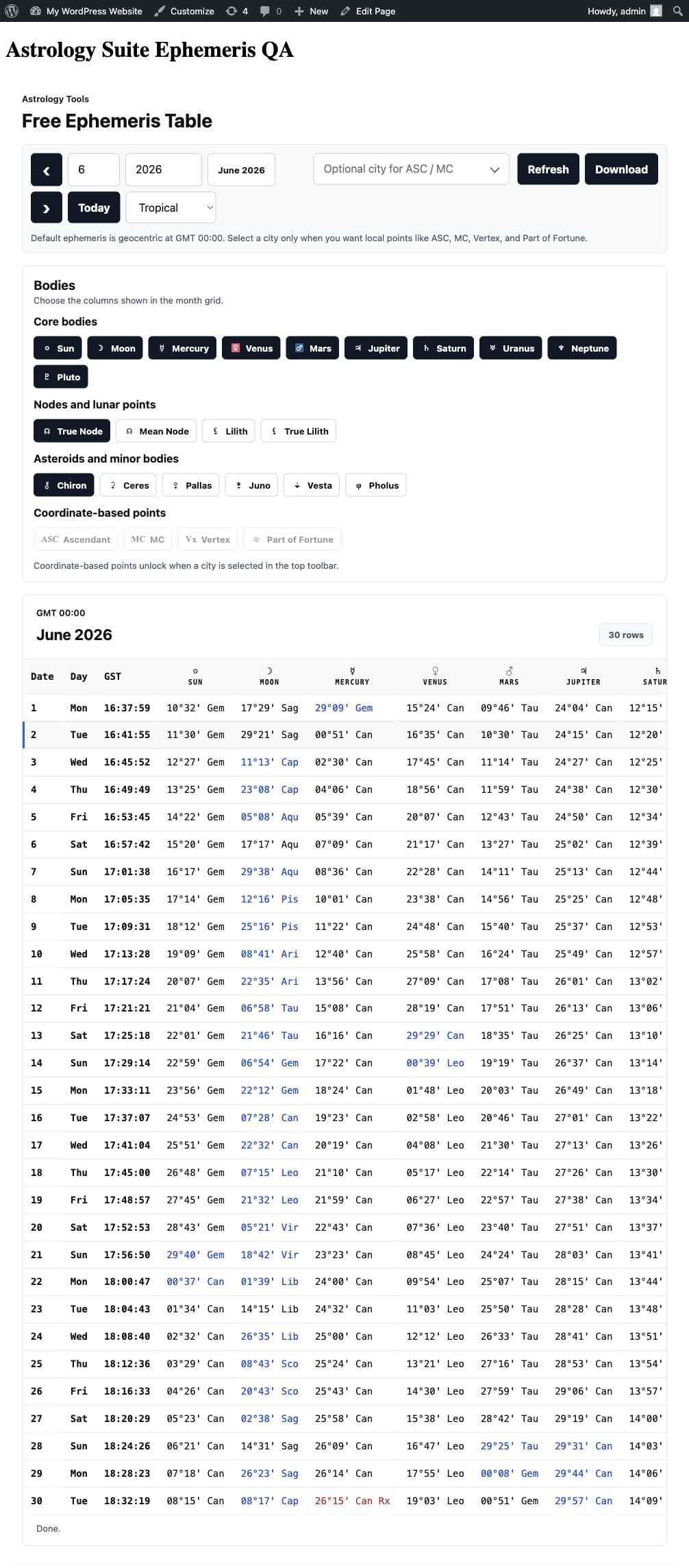 Frontend ephemeris table from the Astrology Suite block