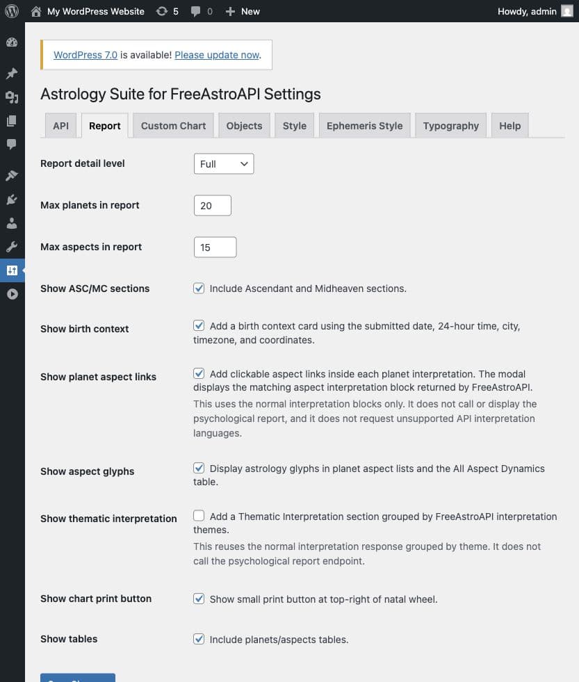 Report settings for chart reports and interpretation sections