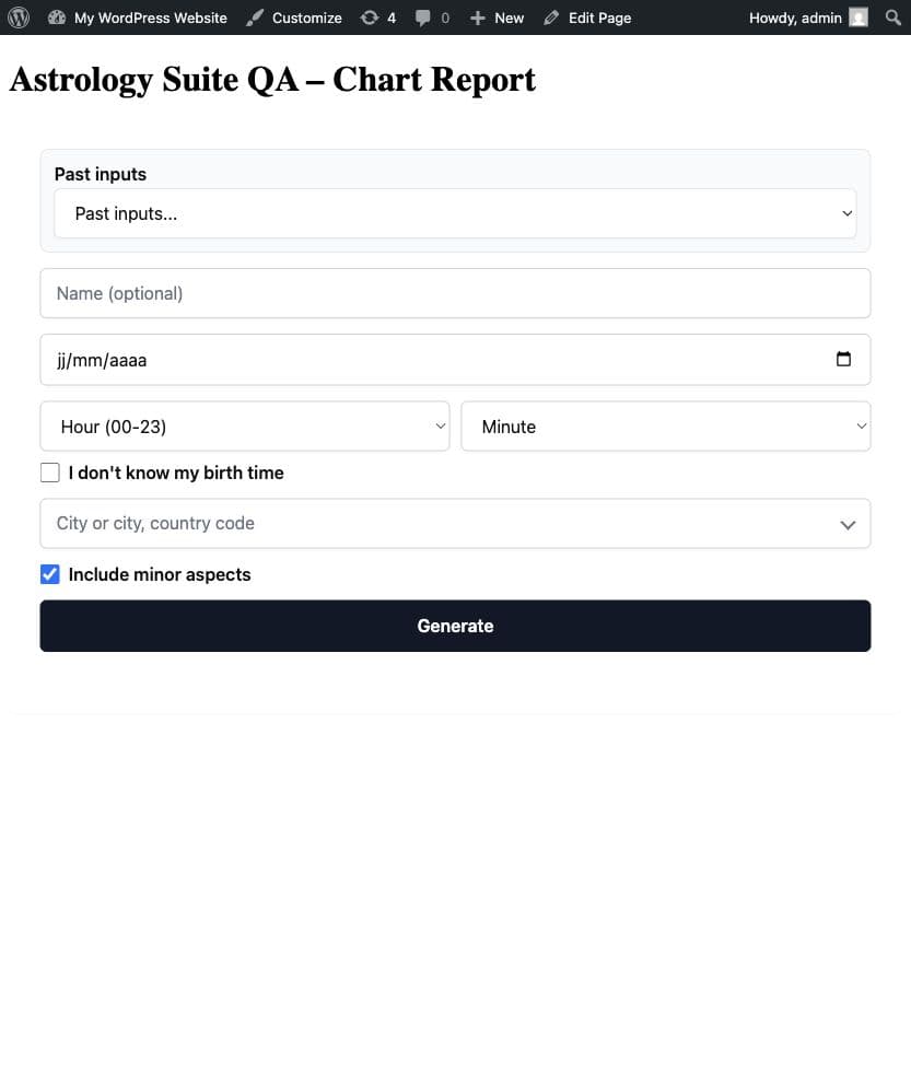 Frontend chart and report form powered by Astrology Suite