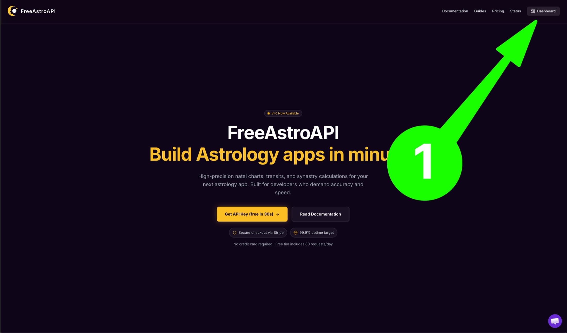 Step 1: open the FreeAstroAPI dashboard from the homepage