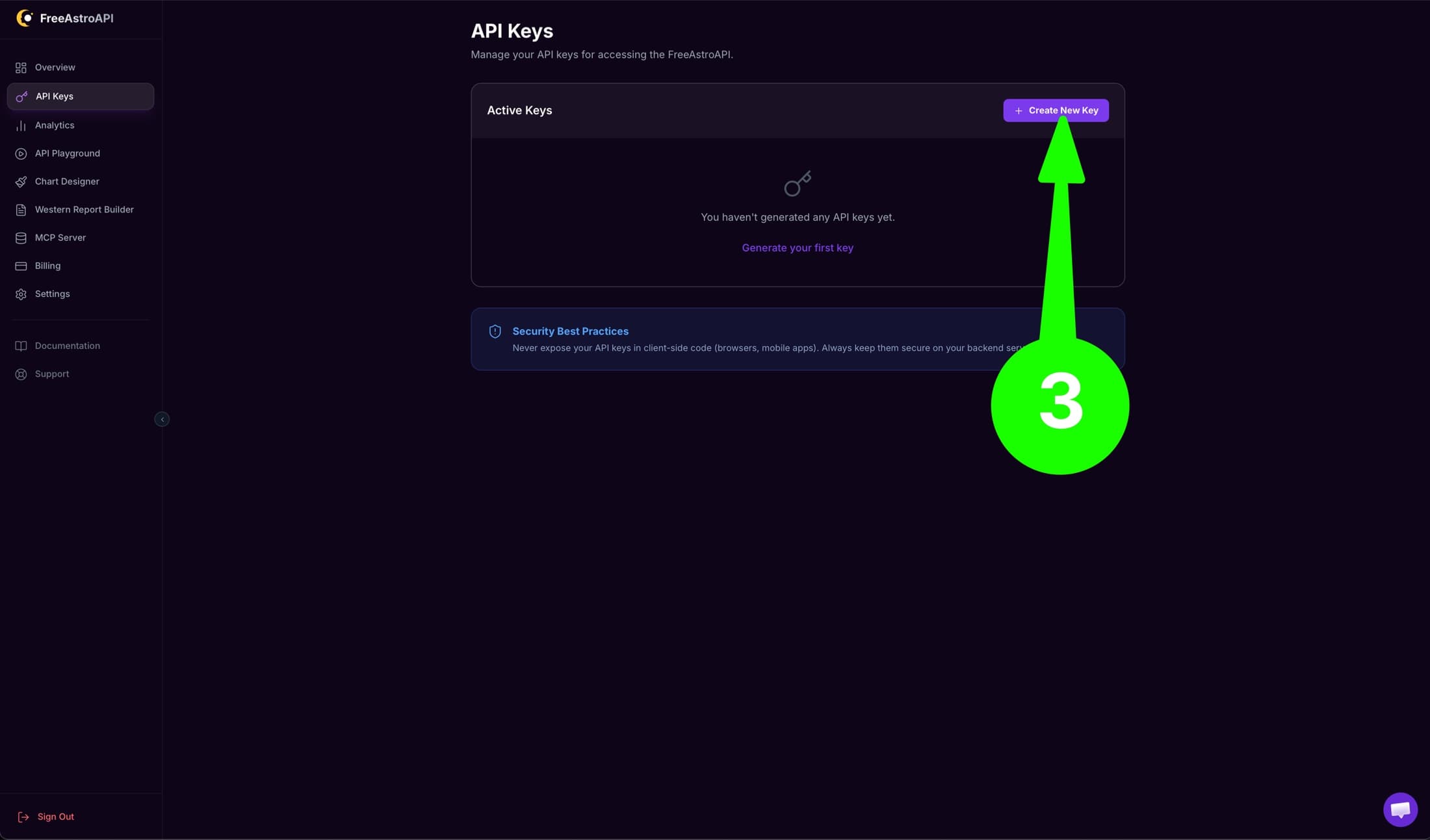 Step 3: click Create New Key on the API Keys page